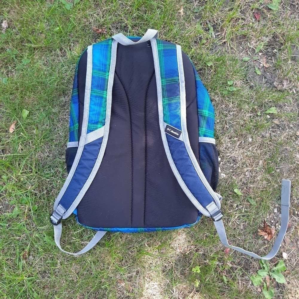 🛍 Columbia Beacon Daypack Backpack 2 water bottle pockets blue green plaid - Picture 7 of 14